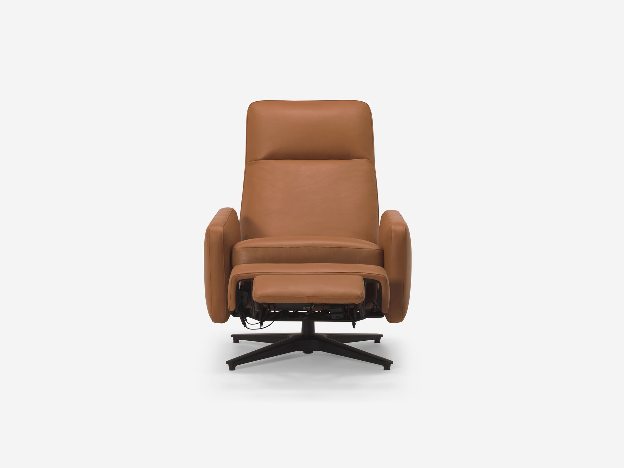 Front view of brown leather reclining chair with foot rest reclined